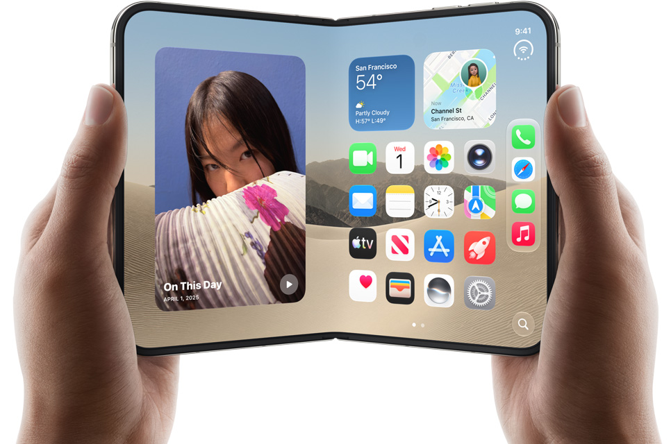 The iPhone Duo held open in two hands, showing its 7.6-inch inner display