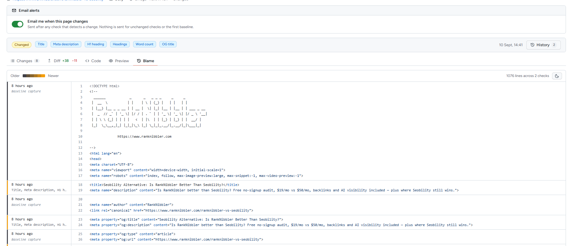 The Blame tab attributing each block of lines to the check that last altered it, with the date and the fields that changed.