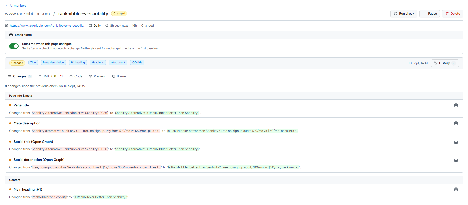 The Changes tab listing eight detected changes, each showing the old value struck through and the new value beside it.