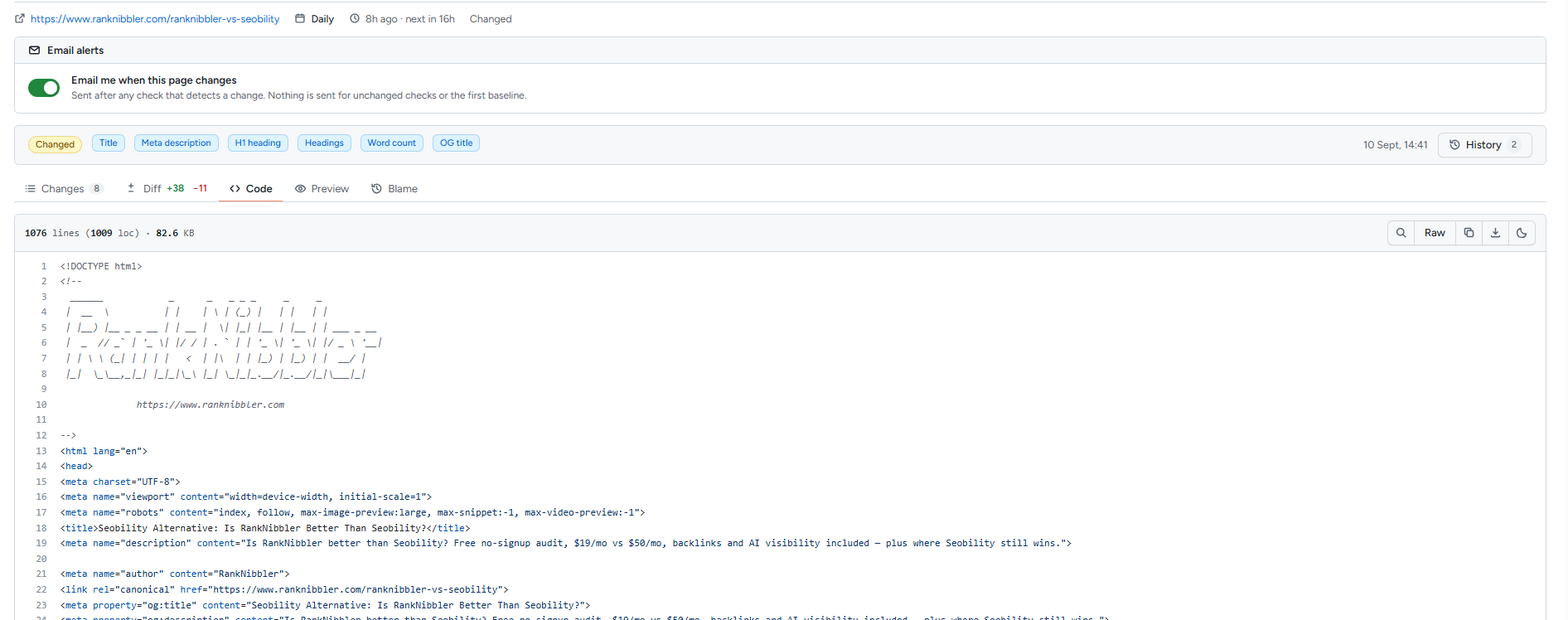 The Code tab showing the full stored HTML of the page with syntax highlighting and a find box.